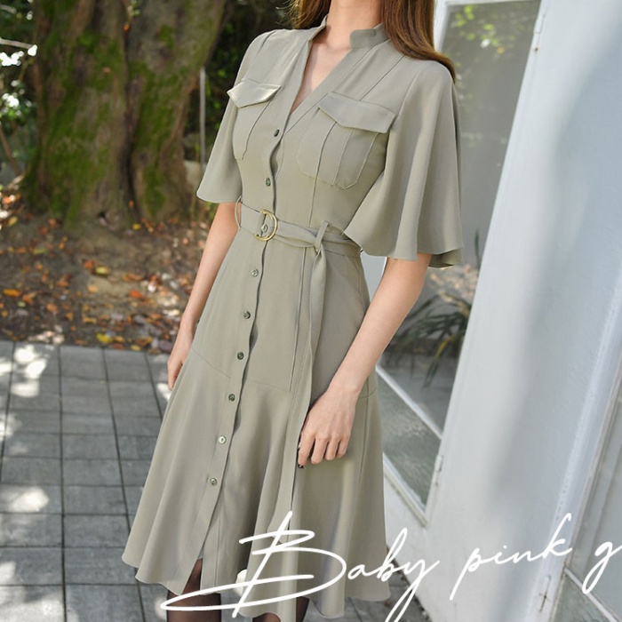 Spring slim Korean style woven V-neck single-breasted dress