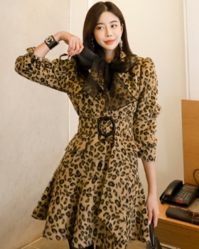 Lotus leaf edges leopard coat slim Korean style dress