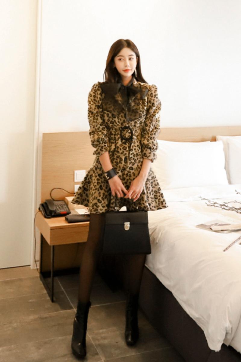 Lotus leaf edges leopard coat slim Korean style dress