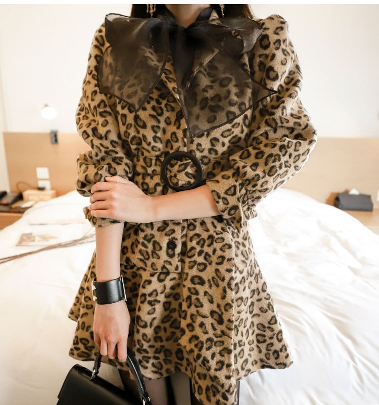 Lotus leaf edges leopard coat slim Korean style dress