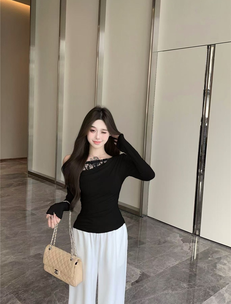 Lace flat shoulder tops short autumn and winter T-shirt