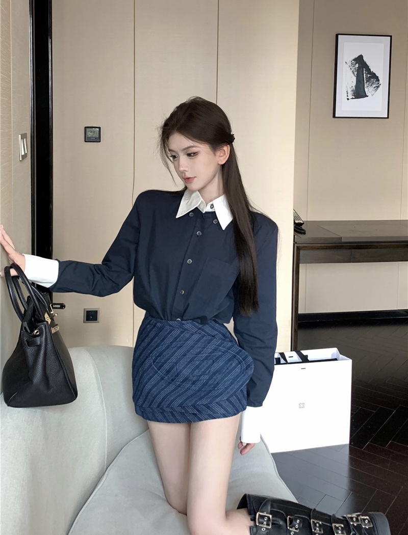 Autumn long sleeve cotton shirt cuff mixed colors tops