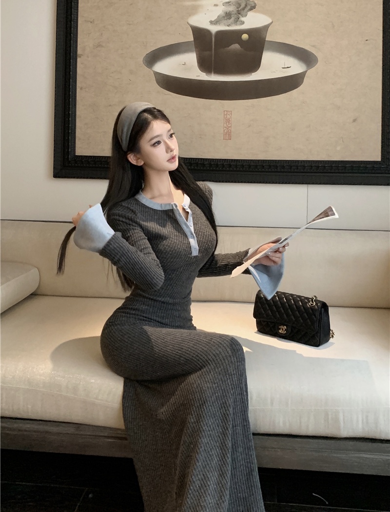 Knitted niche long sleeve mixed colors package hip dress