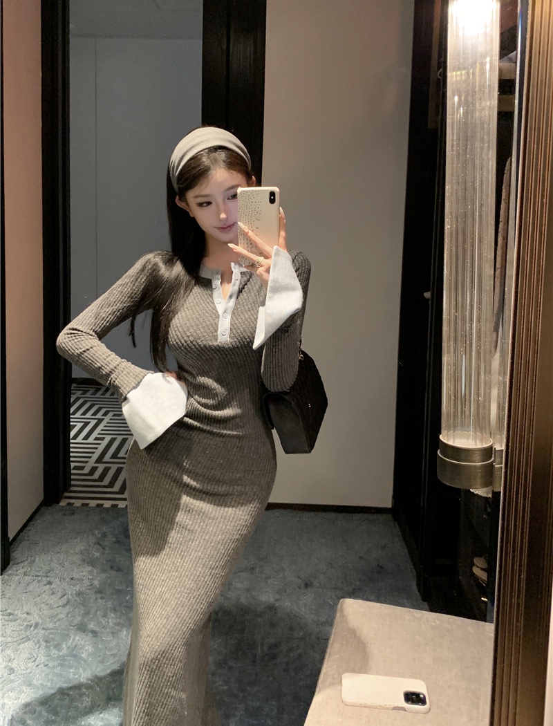 Knitted niche long sleeve mixed colors package hip dress