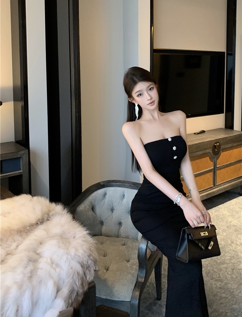 Slim sexy diamond dress black long dress