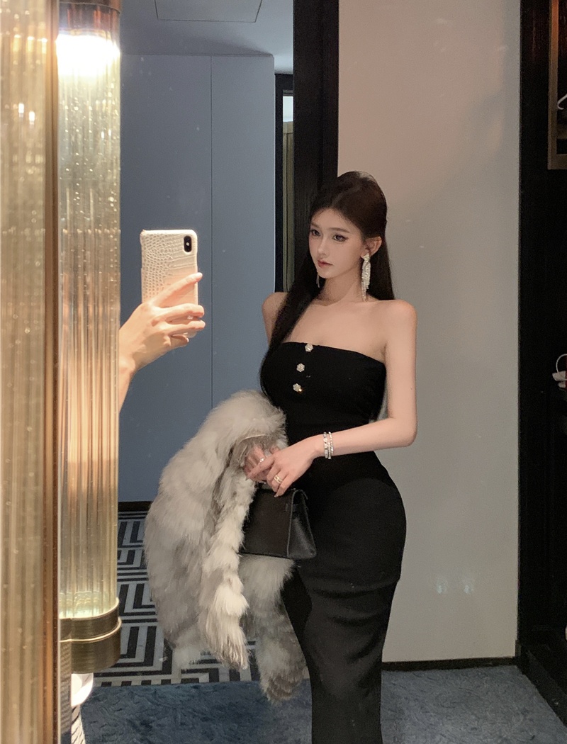 Slim sexy diamond dress black long dress