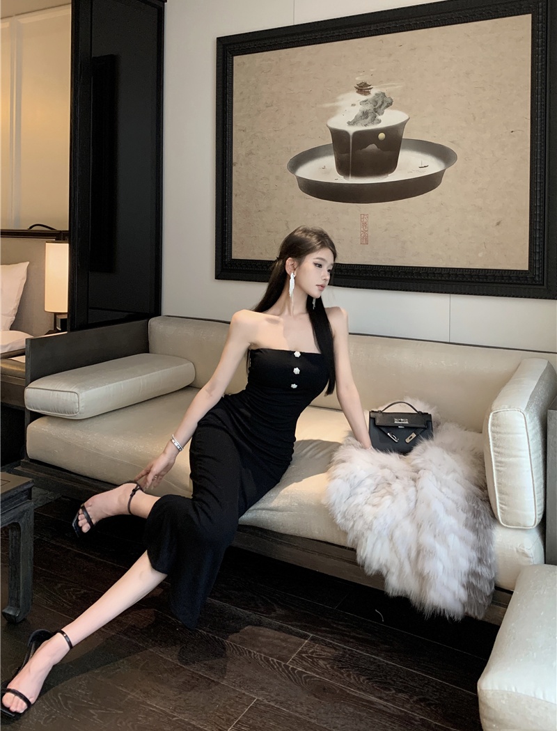 Slim sexy diamond dress black long dress