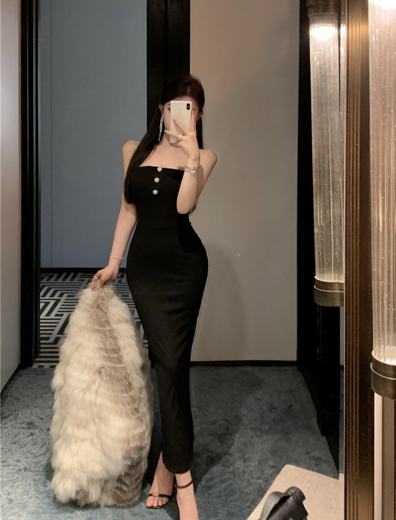 Slim sexy diamond dress black long dress