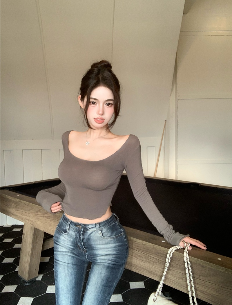 Bottoming U-neck long sleeve T-shirt tight short tops