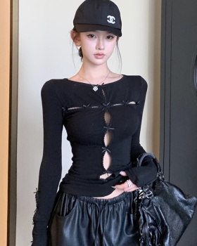 Autumn and winter bottoming hollow T-shirt slim black tops