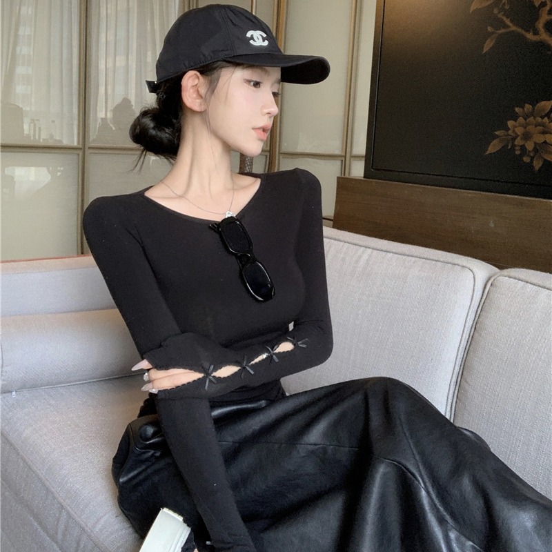 Autumn and winter bottoming hollow T-shirt slim black tops