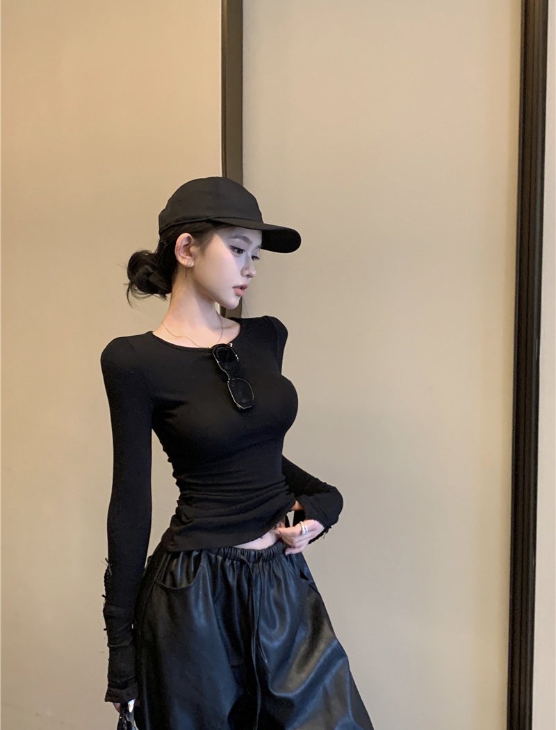 Autumn and winter bottoming hollow T-shirt slim black tops