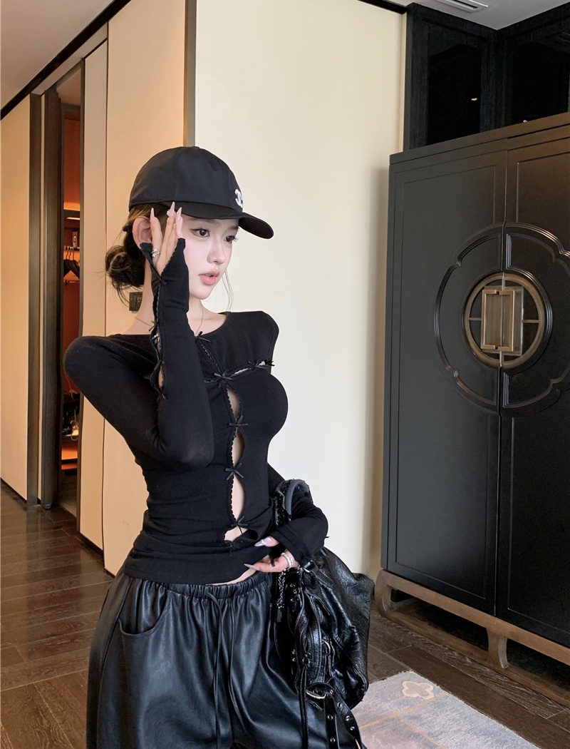 Autumn and winter bottoming hollow T-shirt slim black tops