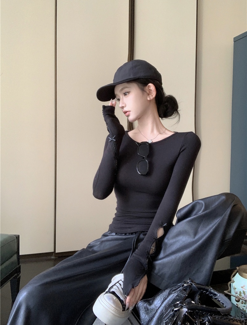 Autumn and winter bottoming hollow T-shirt slim black tops