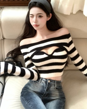 Stripe sexy T-shirt hollow flat shoulder tops for women