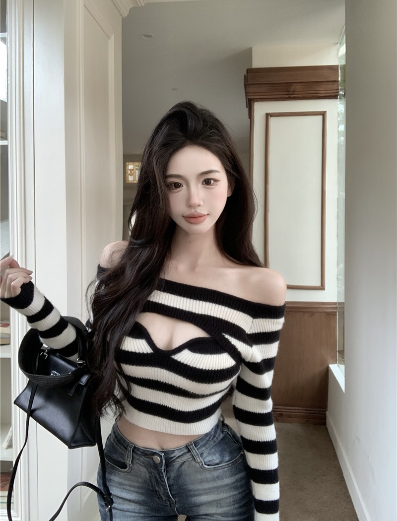 Stripe sexy T-shirt hollow flat shoulder tops for women