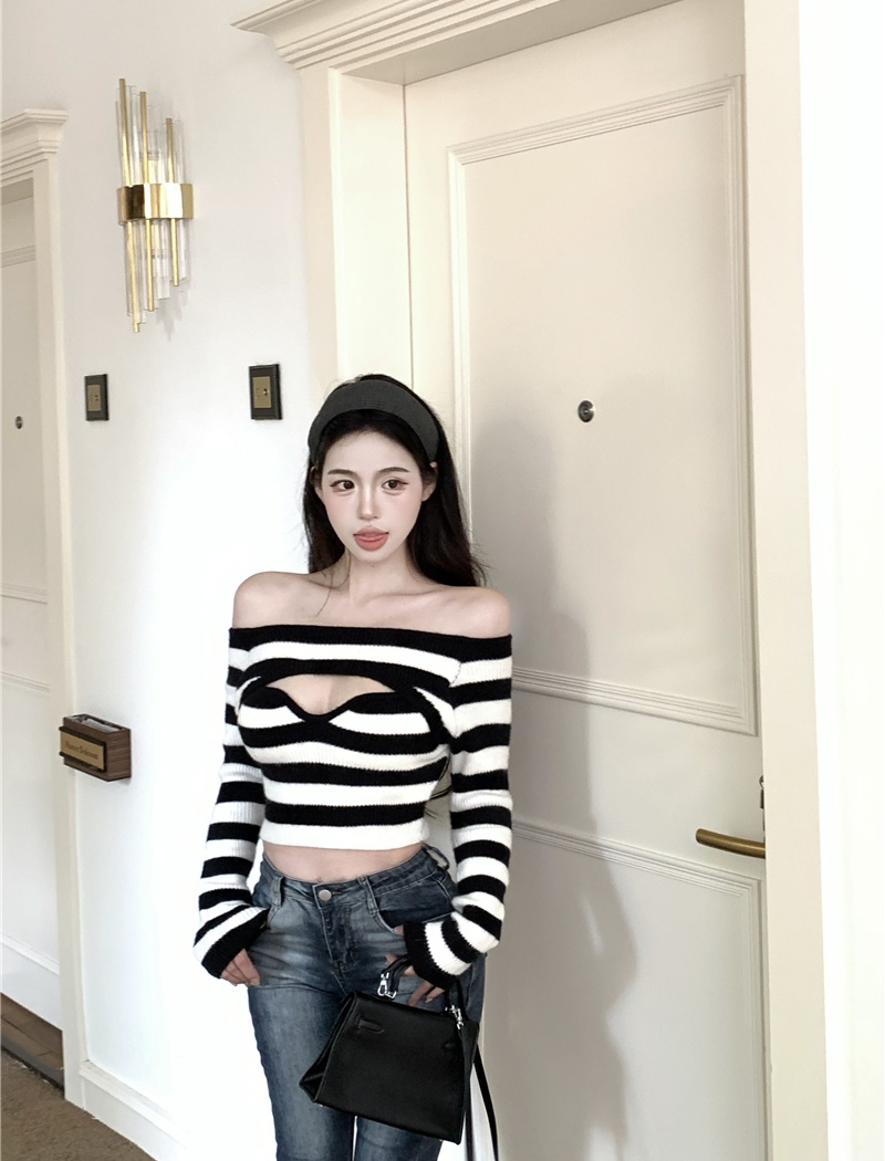 Stripe sexy T-shirt hollow flat shoulder tops for women