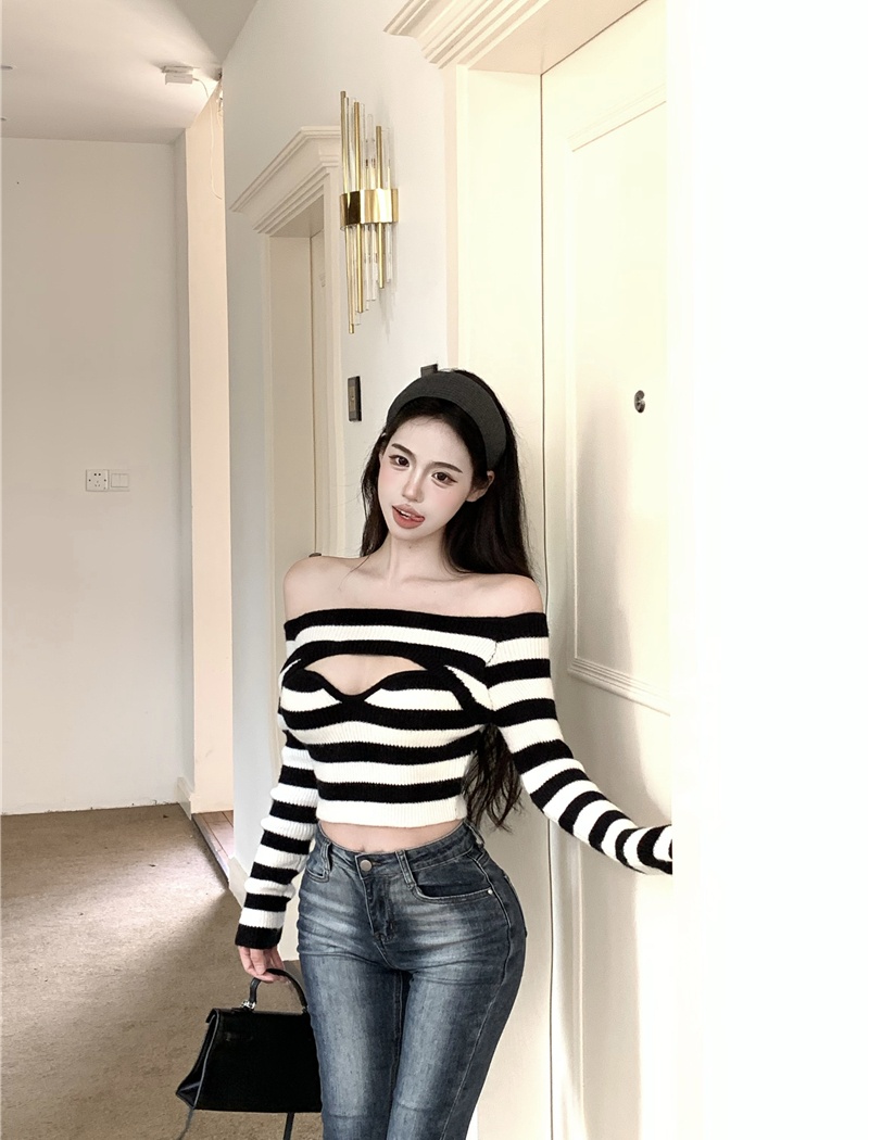 Stripe sexy T-shirt hollow flat shoulder tops for women