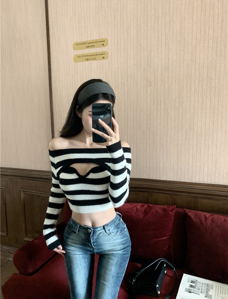 Stripe sexy T-shirt hollow flat shoulder tops for women