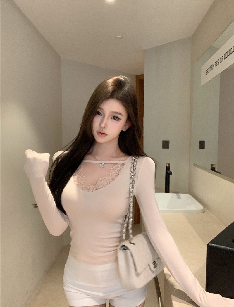 Sweet long sleeve T-shirt bottoming lace tops