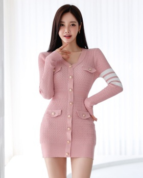 V-neck Korean style dress knitted T-back for women