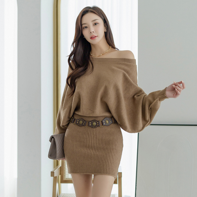 With belt horizontal collar T-back hip dress for women