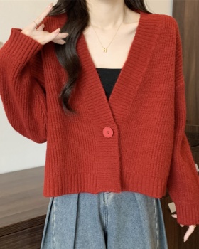 Lazy knitted autumn and winter sweater red V-neck coat