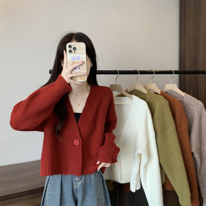 Lazy knitted autumn and winter sweater red V-neck coat