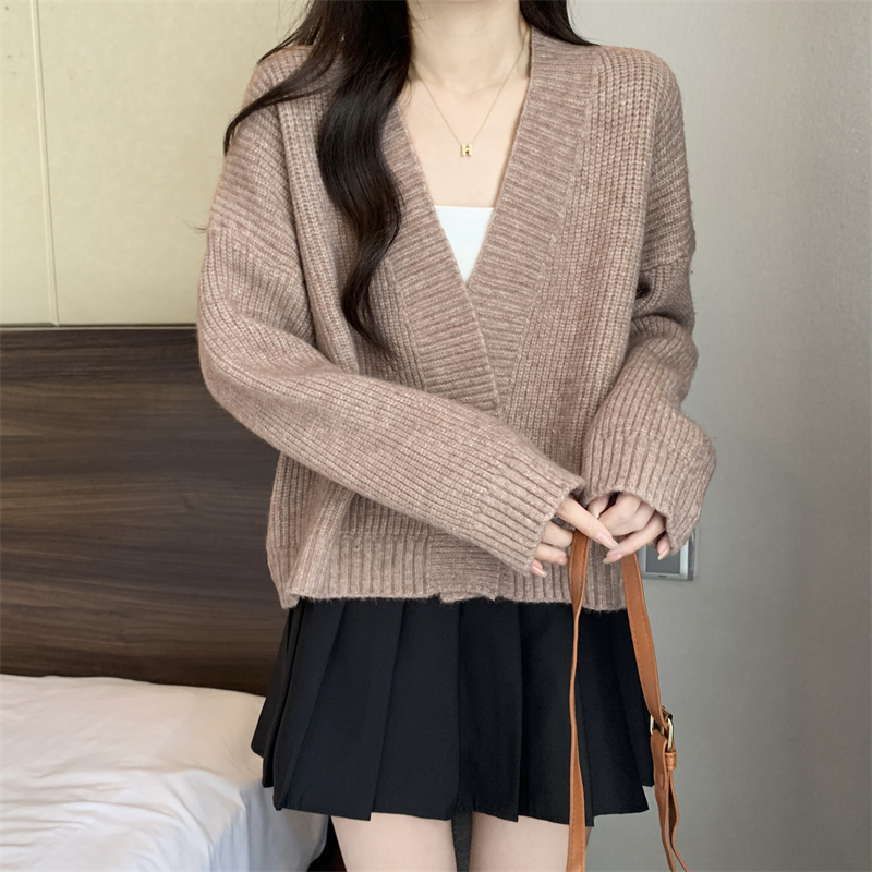 Lazy knitted autumn and winter sweater red V-neck coat