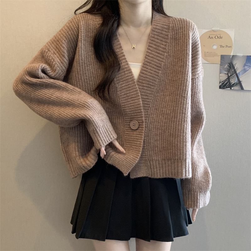 Lazy knitted autumn and winter sweater red V-neck coat