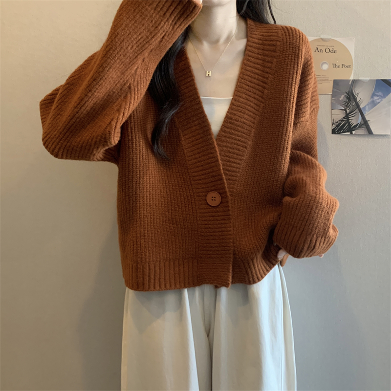 Lazy knitted autumn and winter sweater red V-neck coat