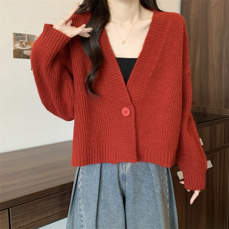 Lazy knitted autumn and winter sweater red V-neck coat