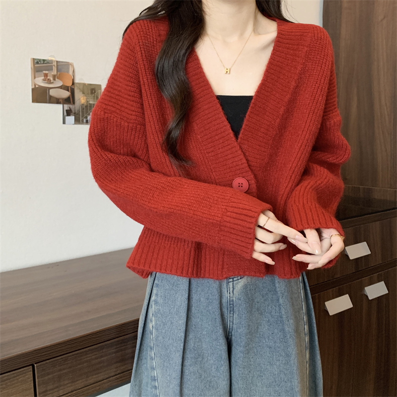 Lazy knitted autumn and winter sweater red V-neck coat