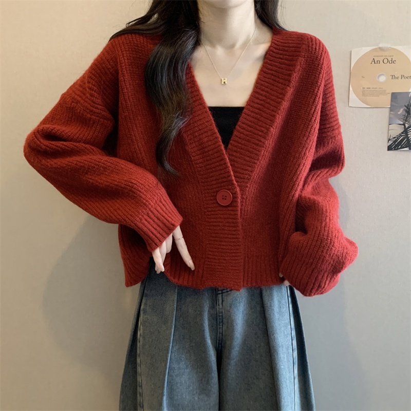 Lazy knitted autumn and winter sweater red V-neck coat