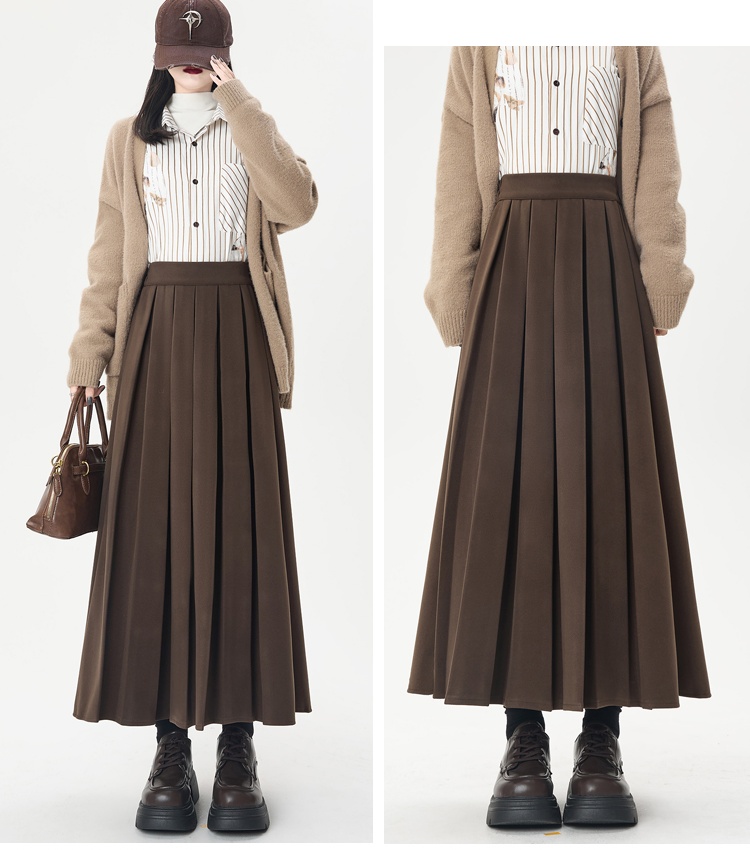 Autumn and winter woolen A-line long pleated skirt