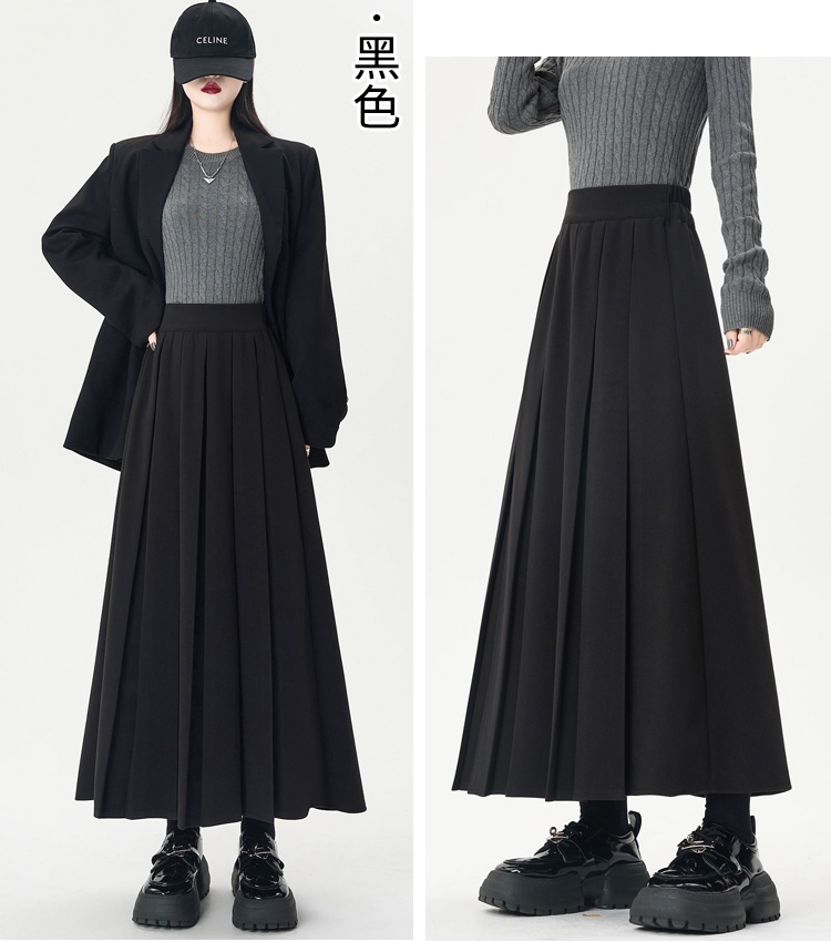 Autumn and winter woolen A-line long pleated skirt