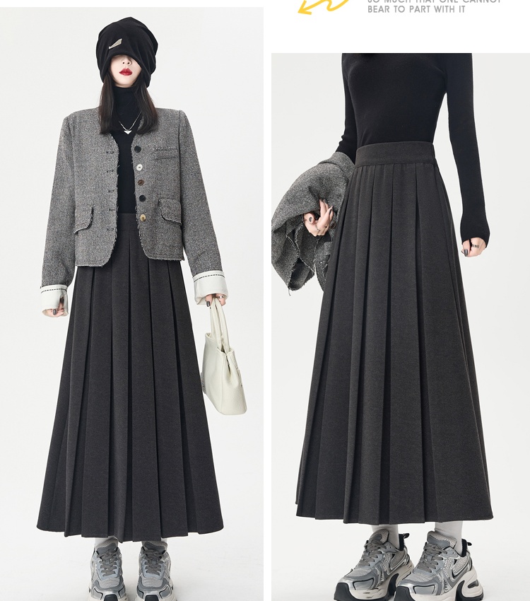 Autumn and winter woolen A-line long pleated skirt