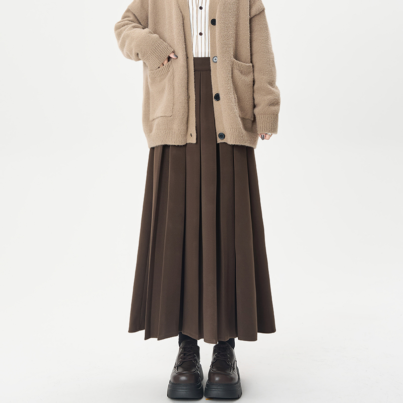 Autumn and winter woolen A-line long pleated skirt