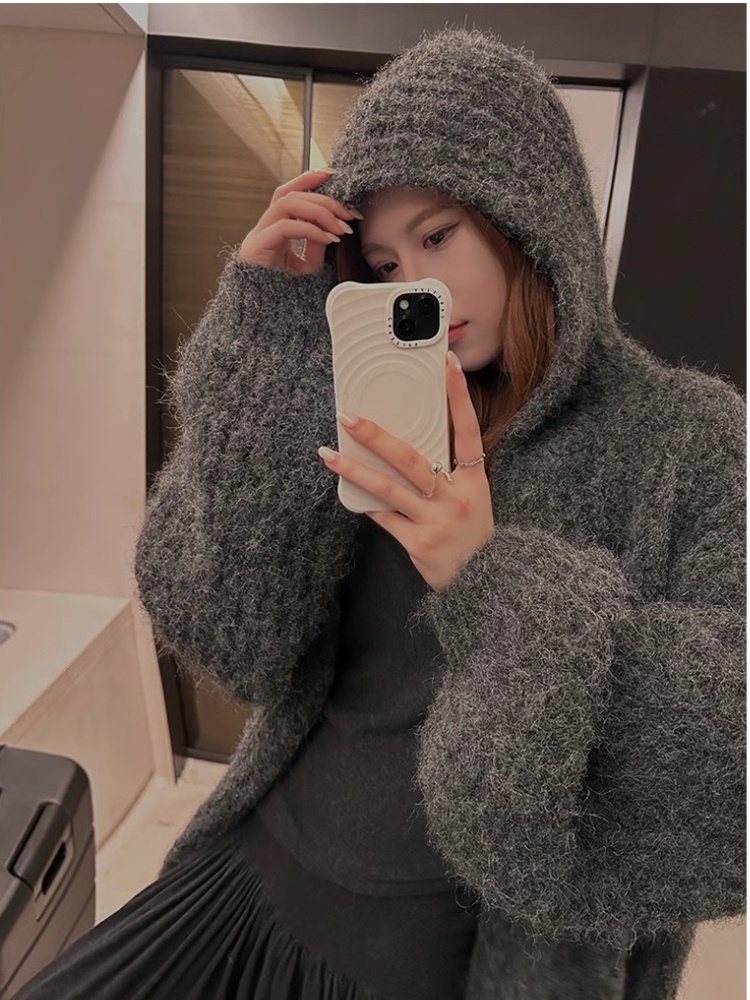 Loose soft sweater thick hooded cardigan