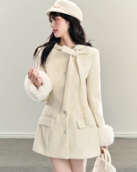 Frenum white winter coat elmo bow woolen coat for women