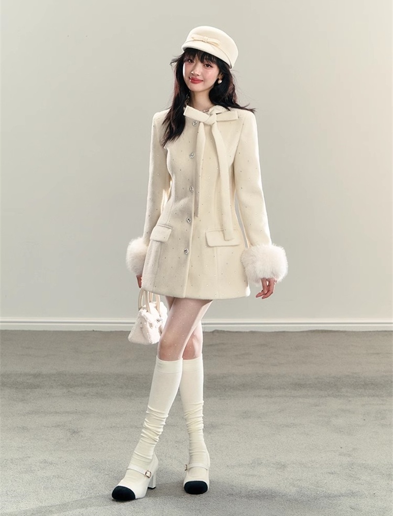 Frenum white winter coat elmo bow woolen coat for women