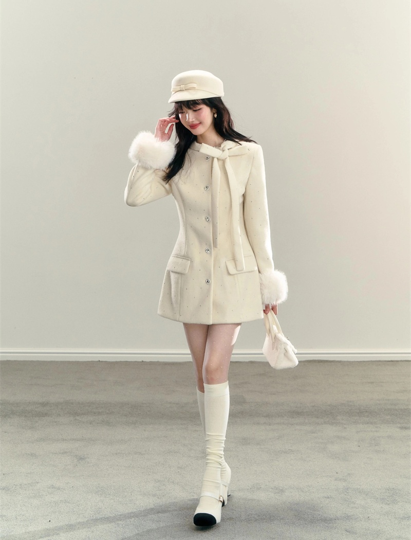 Frenum white winter coat elmo bow woolen coat for women