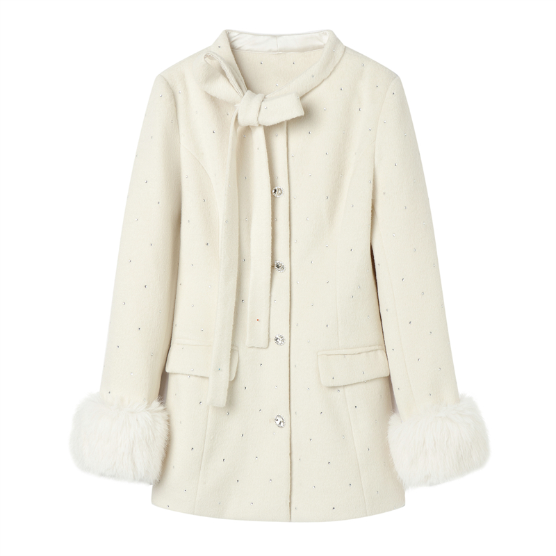 Frenum white winter coat elmo bow woolen coat for women