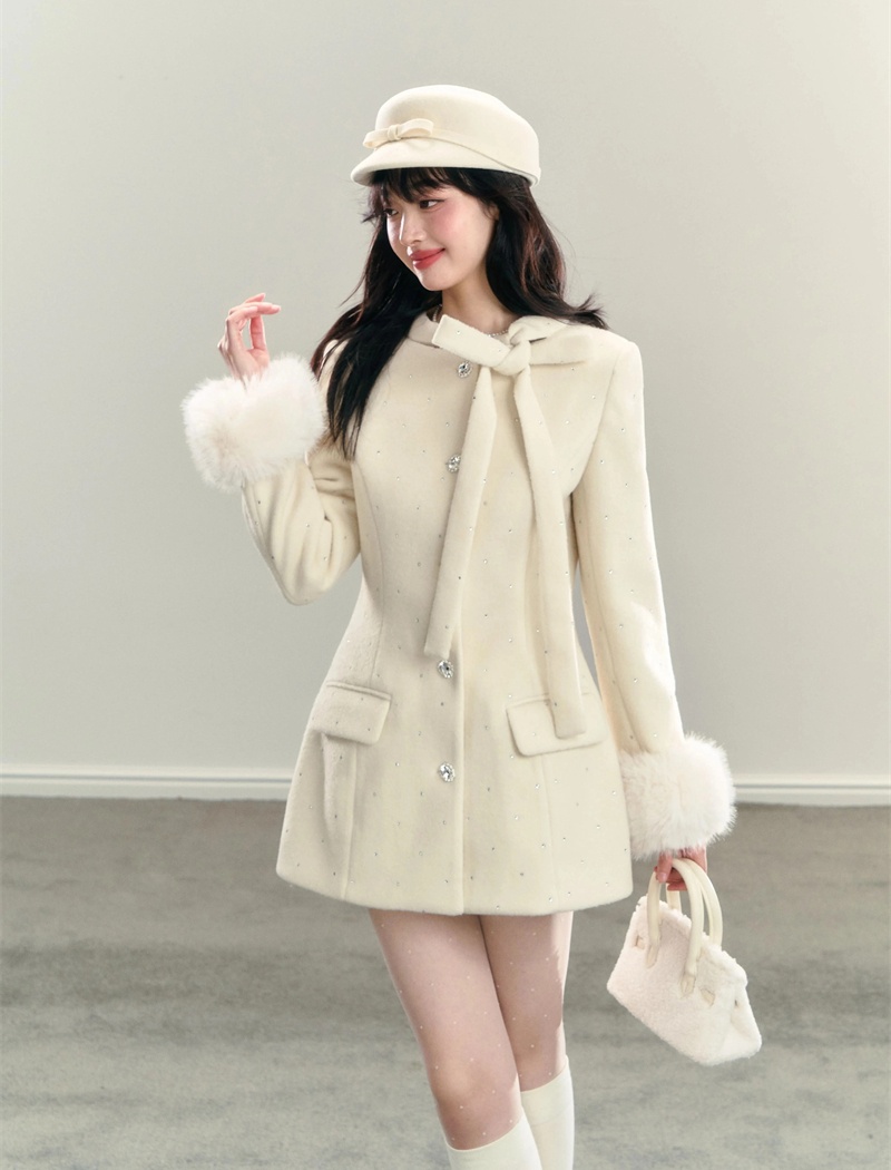 Frenum white winter coat elmo bow woolen coat for women