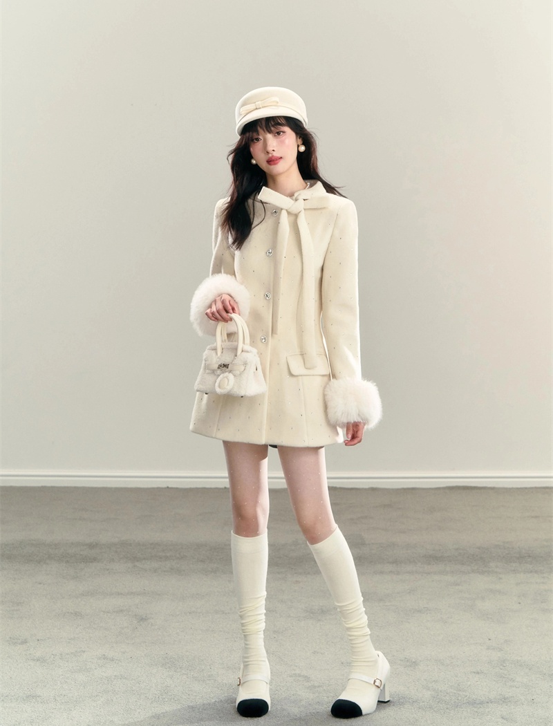 Frenum white winter coat elmo bow woolen coat for women