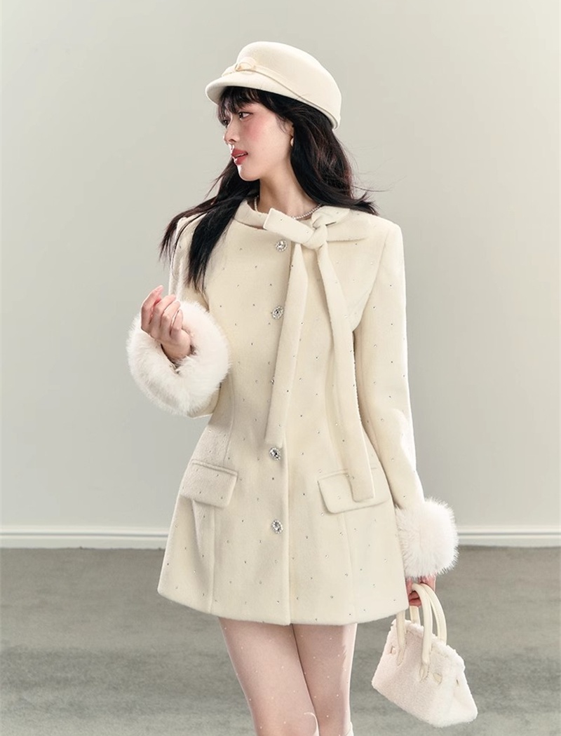 Frenum white winter coat elmo bow woolen coat for women