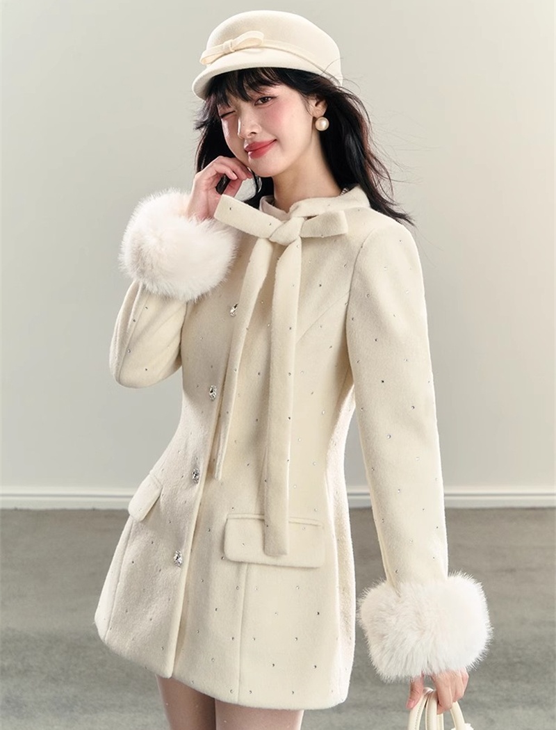 Frenum white winter coat elmo bow woolen coat for women