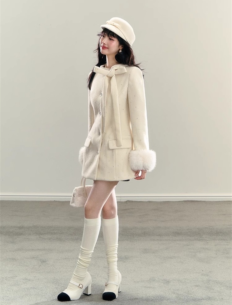 Frenum white winter coat elmo bow woolen coat for women