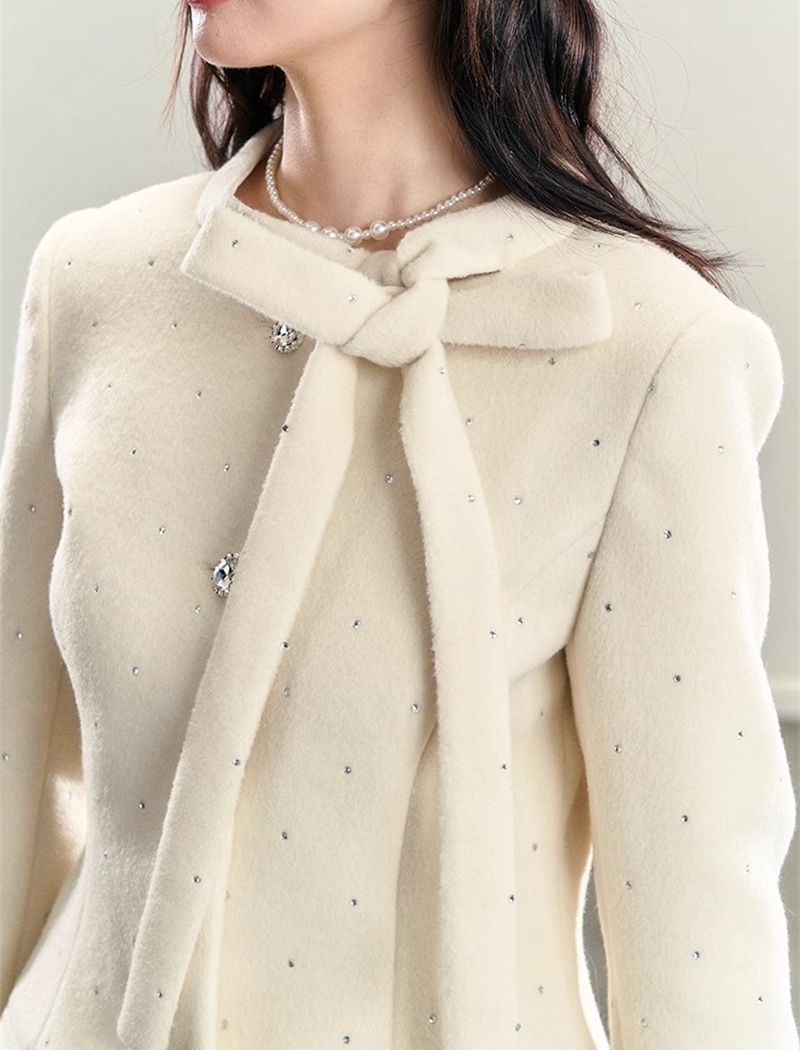 Frenum white winter coat elmo bow woolen coat for women