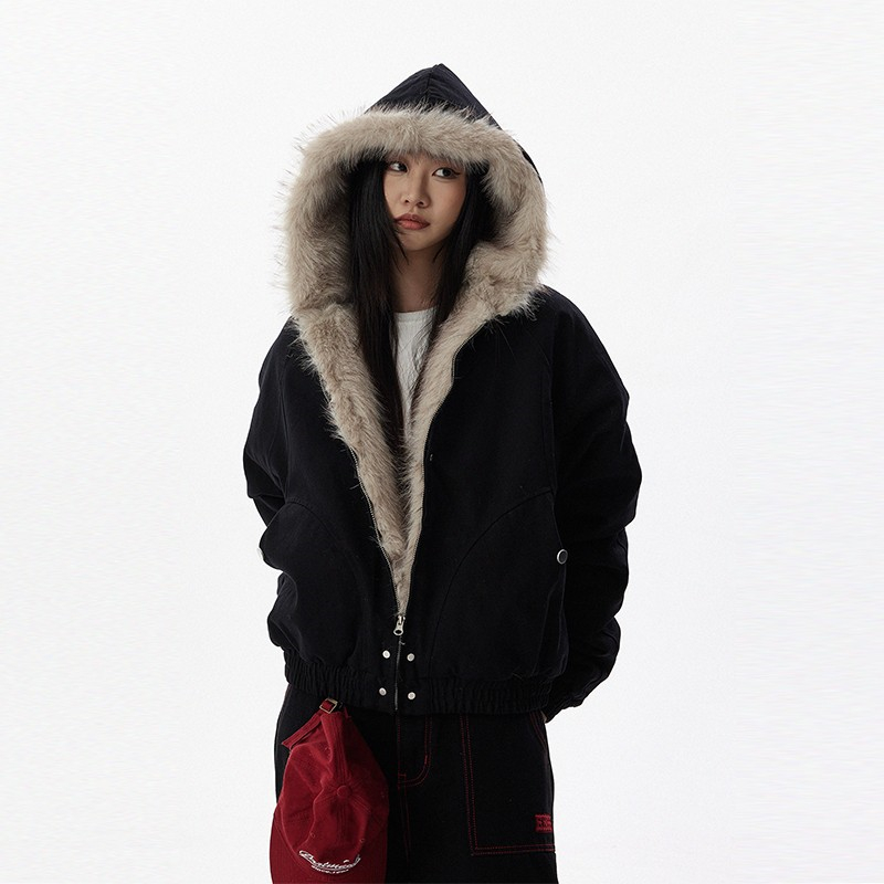 Retro winter plush coat thick hooded cotton coat for women